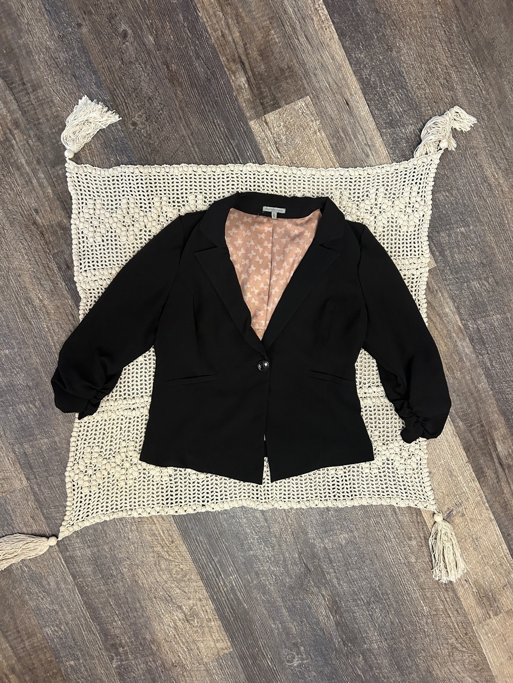 Charlotte Russe Black Blazer XL Pink Bow Lining Ruched Sleeve Coquette Y2K